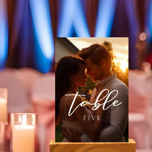 Trendy Couple Photo White Script Overlay Wedding Table Number