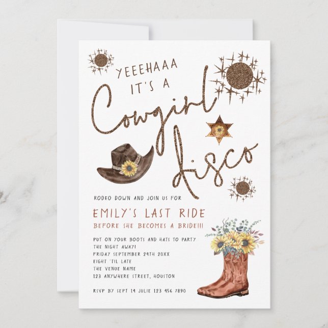 Trendy Cowgirl Disco Glitter Bachelorette Party Invitation (Front)