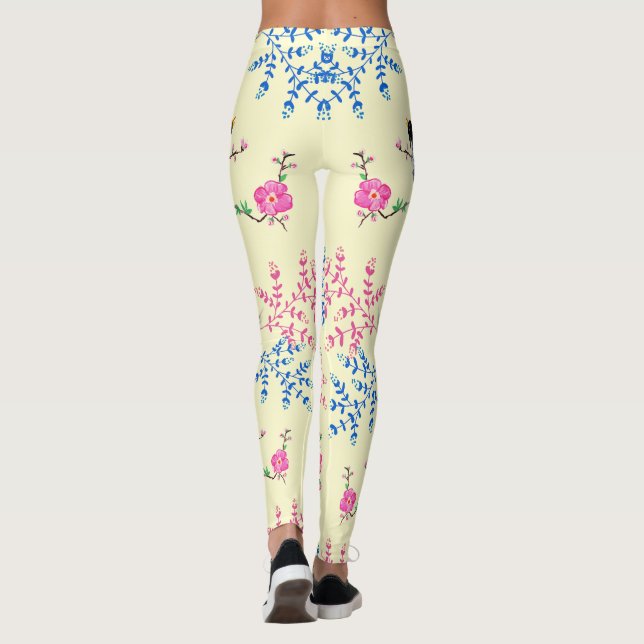 Trendy Cream Floral Flowers Nature Birds  Leggings (Back)