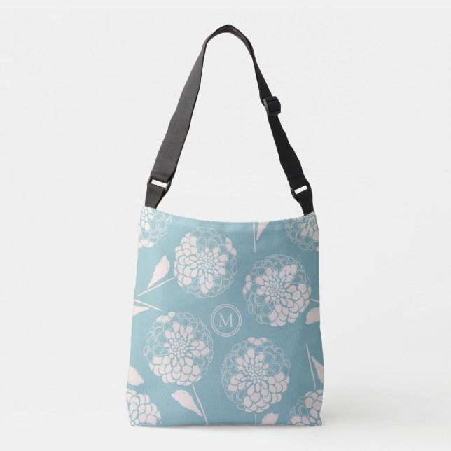 Trendy custom dusty blue dahlia block print crossbody bag (Front)