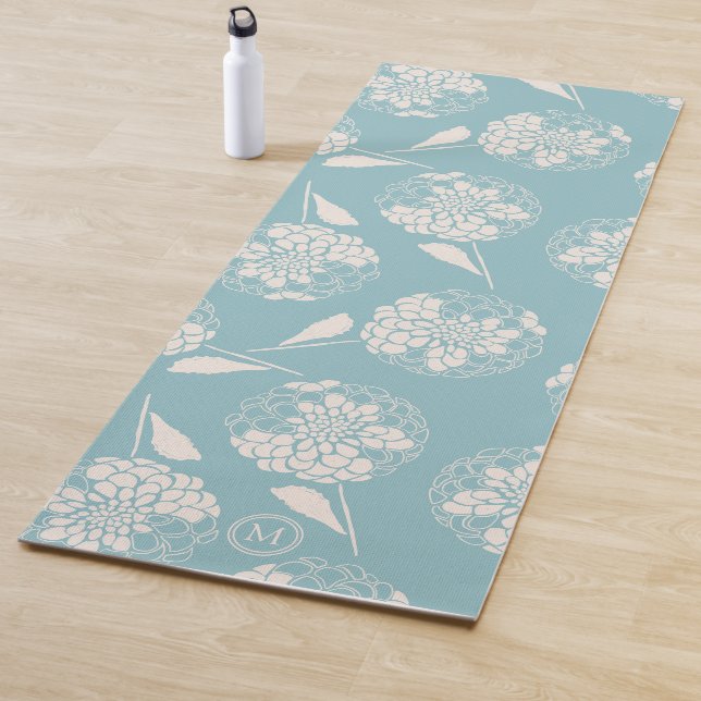 Trendy custom dusty blue dahlia block print yoga mat (In Situ)