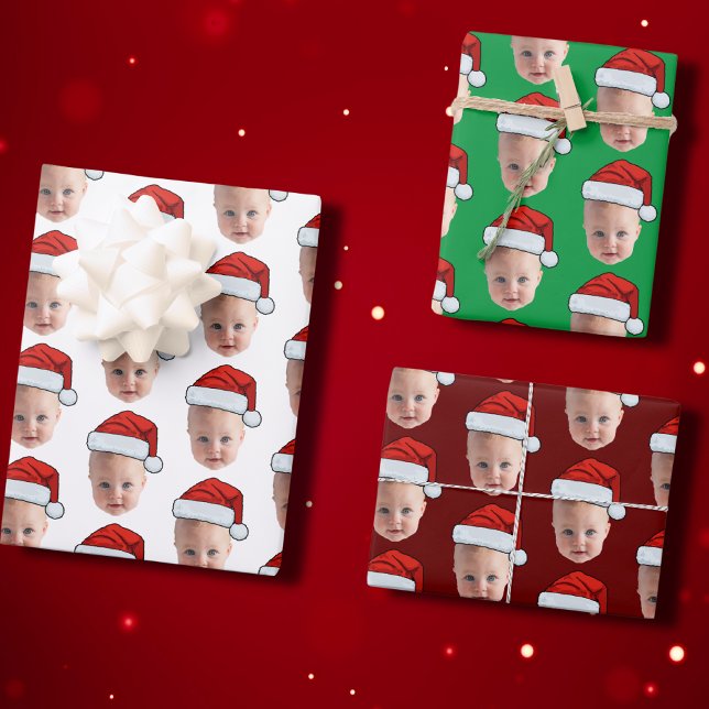 Trendy Custom Face Photo Santa Hat Christmas Wrapping Paper Sheet (Creator Uploaded)