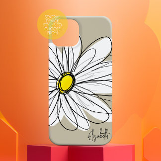 Trendy Custom Floral Daisy - gray, yellow, linen iPhone 15 Pro Max Case