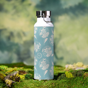 Trendy custom initial dusty blue floral insulated water bottle