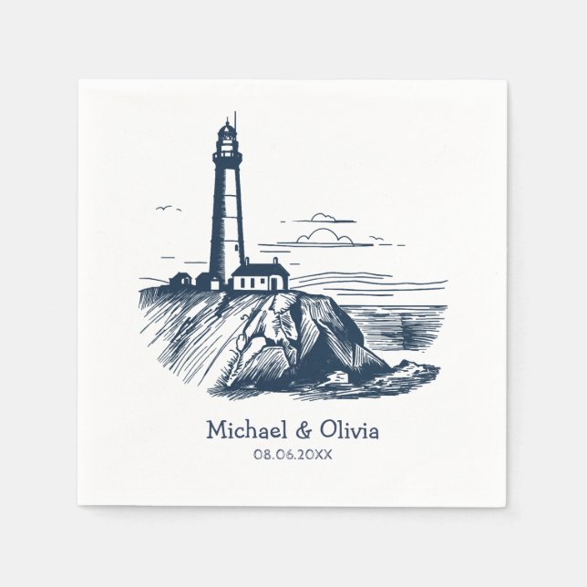 Trendy Custom Nautical Seaside Lighthouse Wedding  Napkin (Front)