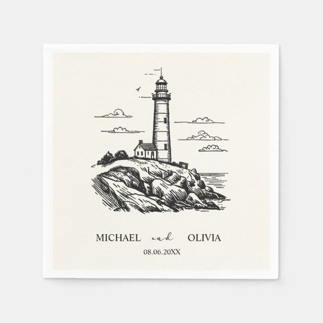 Trendy Custom Nautical Seaside Lighthouse Wedding  Napkin (Front)
