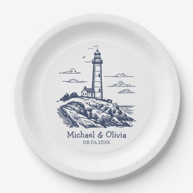 Trendy Custom Nautical Seaside Lighthouse Wedding Paper Plate (Front)