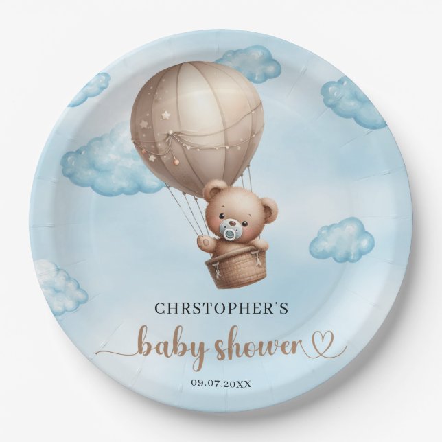 Trendy cute brown baby teddy bear hot air balloon paper plate (Front)