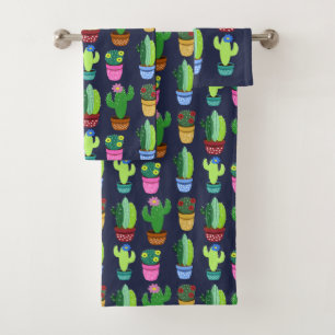 Trendy Cute Cartoon Cactus in Pots Pattern Bath Towel Set