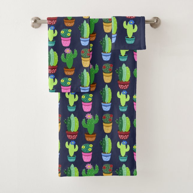 Trendy Cute Cartoon Cactus in Pots Pattern Bath Towel Set (Insitu)
