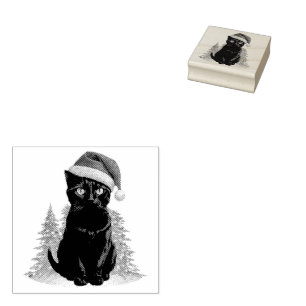 Trendy Cute Christmas Black Cat in Santa Hat Rubber Stamp