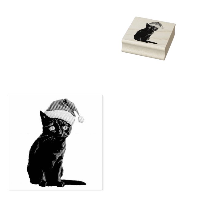 Trendy Cute Christmas Black Cat in Santa Hat Rubber Stamp (Stamped)