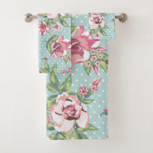 Trendy cute feminine rose with dots blue pattern bath towel set