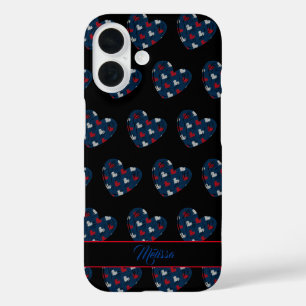 Trendy Cute Hearts Blue Red Customisable Name  iPhone 16 Case