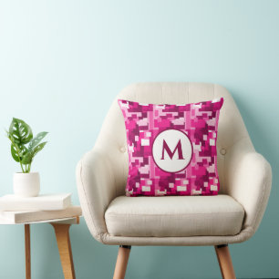 Trendy Cute Hot Pink Digital Camo Pattern Monogram Cushion