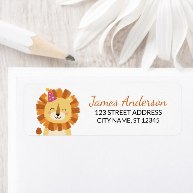 Trendy Cute Lion With Party Hat Return Address     Label (Insitu)