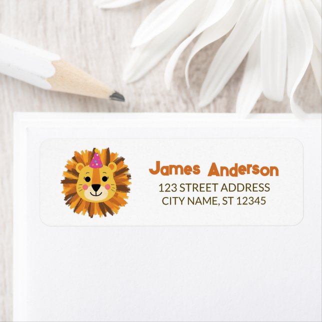 Trendy Cute Lion With Party Hat Return Address     Label (Insitu)