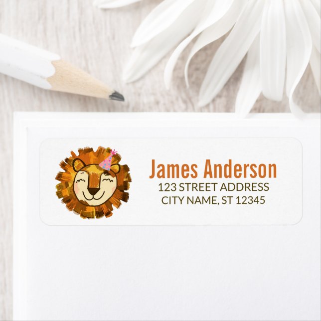 Trendy Cute Lion With Party Hat Return Address     Label (Insitu)