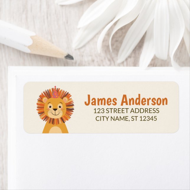 Trendy Cute Lion With Party Hat Return Address     Label (Insitu)