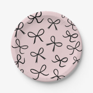 Trendy Cute Little  Black Bows Pink Paper Plate