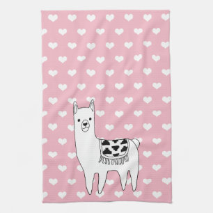 Trendy Cute Llama Sketch & Hearts Tea Towel