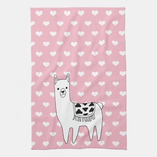 Trendy Cute Llama Sketch & Hearts Tea Towel (Vertical)
