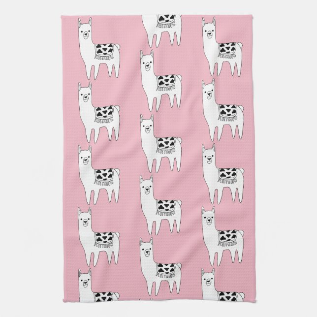 Trendy Cute Llama Sketch & Pink Tea Towel (Vertical)