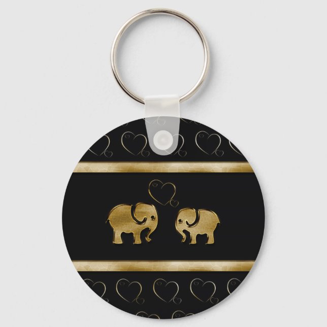 Trendy cute luxury  black /golden elephant in love key ring (Front)