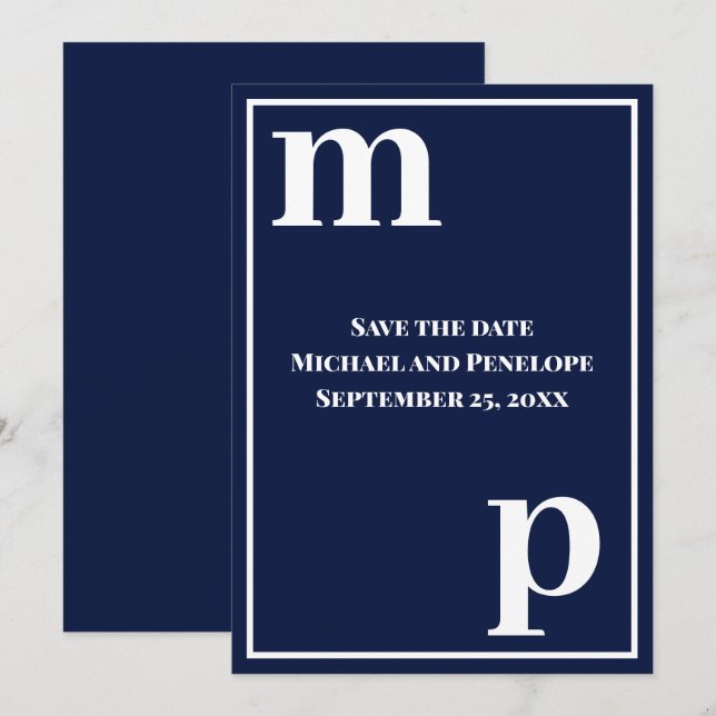 Trendy Cute Monogram Navy Blue Save the Date  Invitation (Front/Back)