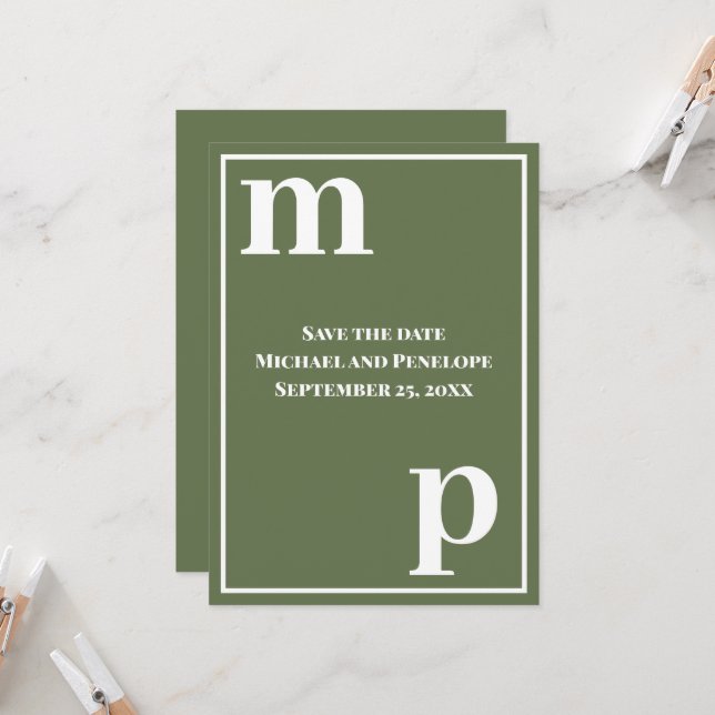 Trendy Cute Monogram Olive Green Save the Date   Invitation (Front/Back In Situ)