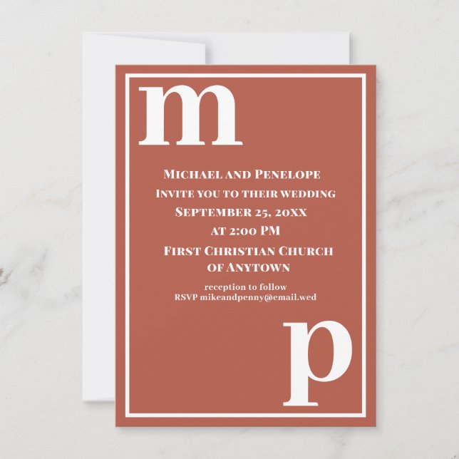 Trendy Cute Monogram Terracotta Wedding Invitation (Front)