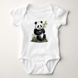 Trendy Cute Panda Bear With Greenery Bamboo  Baby Bodysuit