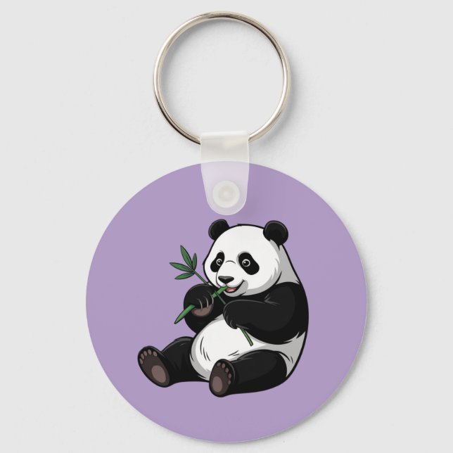 Trendy Cute Panda Bear With Greenery Bamboo Purple Key Ring (Front)