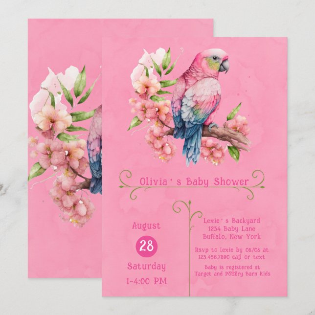 Trendy Cute Parrot Bird Pink Girl Baby Shower Invitation (Front/Back)