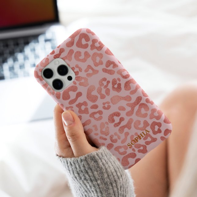 Trendy Cute Pink Leopard Pattern Personalised Case-Mate iPhone Case (The trendy fashionable leopard pattern in pink gold design for your stunning personalized phone case)