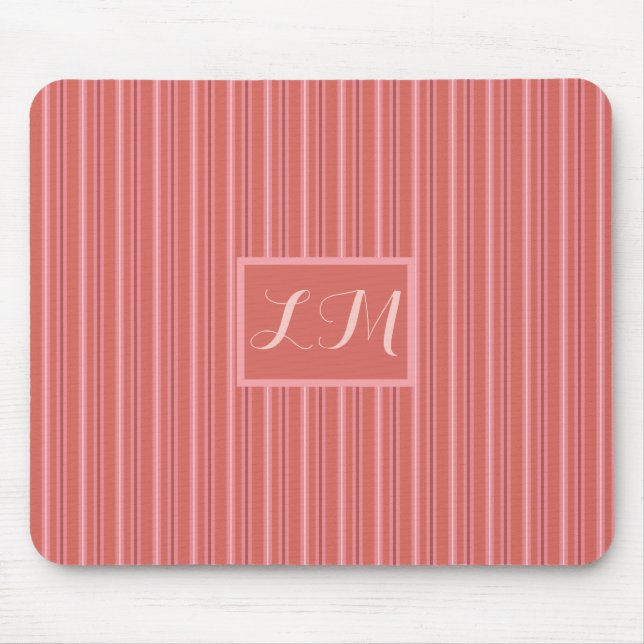 Trendy & Cute Pink Stripes Monogram Mouse Pad (Front)