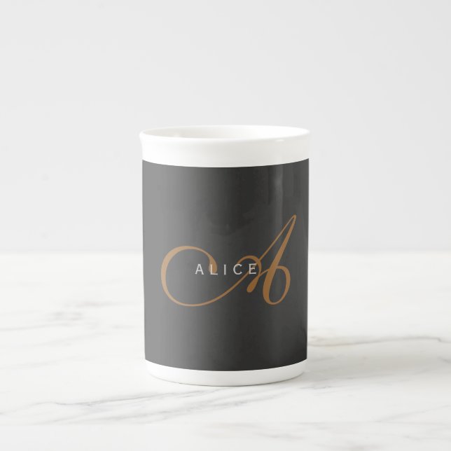 Trendy Cute Plain Monogram Initial Name Bone China Mug (Front)