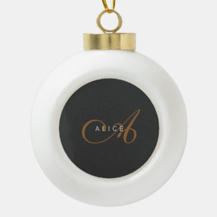 Trendy Cute Plain Monogram Initial Name Ceramic Ball Christmas Ornament