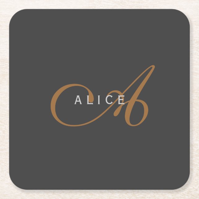 Trendy Cute Plain Monogram Initial Name Square Paper Coaster (Front)