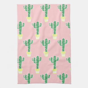 Trendy Cute Potted Cactus & Pink Tea Towel