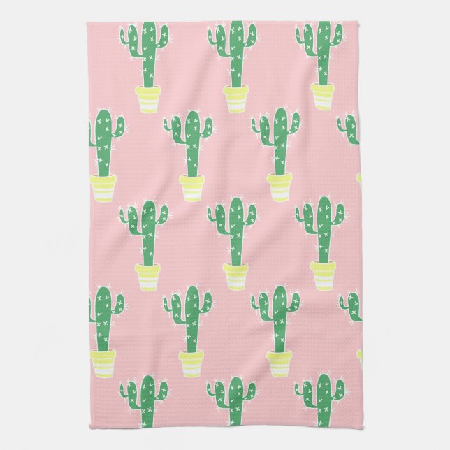 Trendy Cute Potted Cactus & Pink Tea Towel (Vertical)