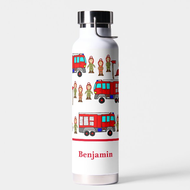 Trendy Cute Red Fire Engine & Fire Fighters Water Bottle (Left)