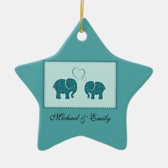 Trendy cute romantic elephants in love patchwork ceramic ornament (Front)