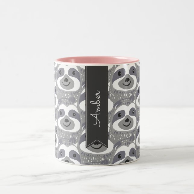 Trendy Cute Sloths Doodle Two-Tone Coffee Mug (Center)