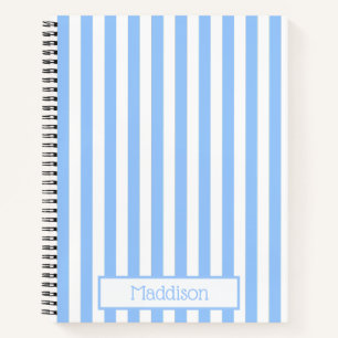Trendy Cute Striped Blue Aesthetic Custom Name Notebook
