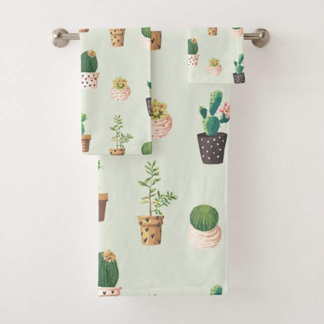 Trendy cute succulent cactus on mint background bath towel set (Insitu)