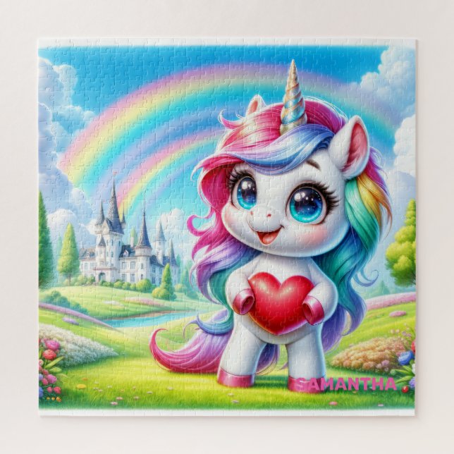 Trendy cute unicorn with heart and rainbow jigsaw puzzle (Vertical)
