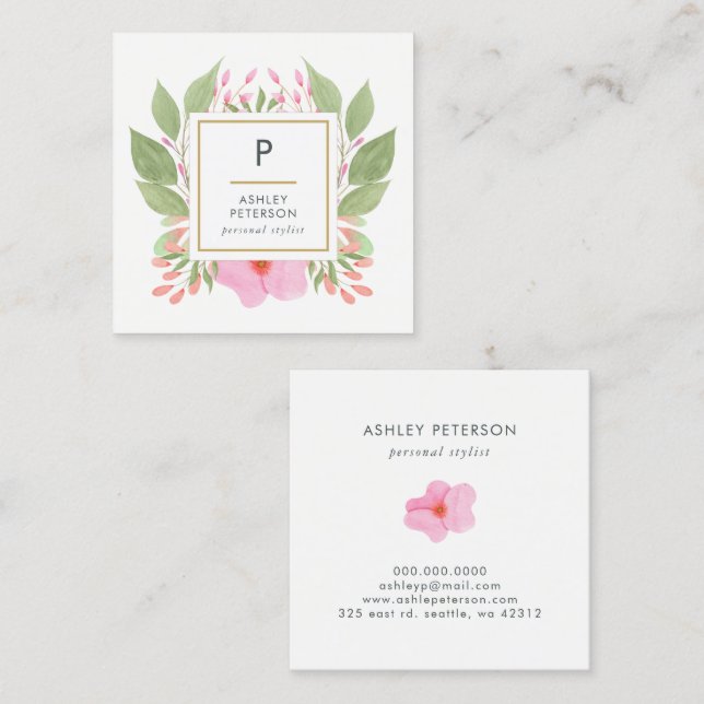 Trendy Cute Watercolor Pink Flowers Monogram Square Business Card (Front/Back)