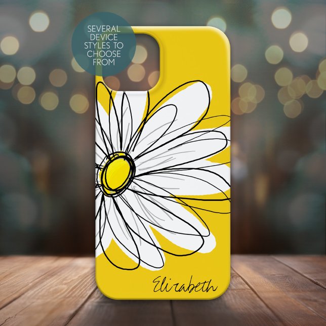 Trendy Daisy Floral Illustration - blackand yellow Case-Mate iPhone Case (Personalized Phone Case - Whimsical Daisy with Custom Name)