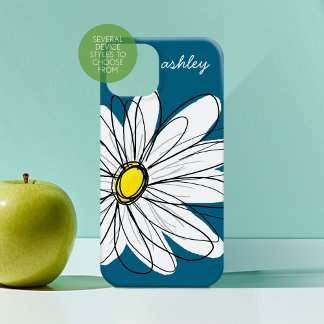 Trendy Daisy Floral Illustration - blue and yellow iPhone 15 Mini Case
